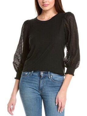 Nation LTD Libby Top Sz XL Black Sheer Puff Sleeve 100% Pima Cotton Minimalist